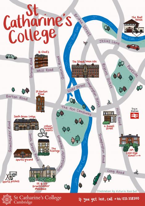 Illustrated map of St Catharine's College-owned sites in Cambridge