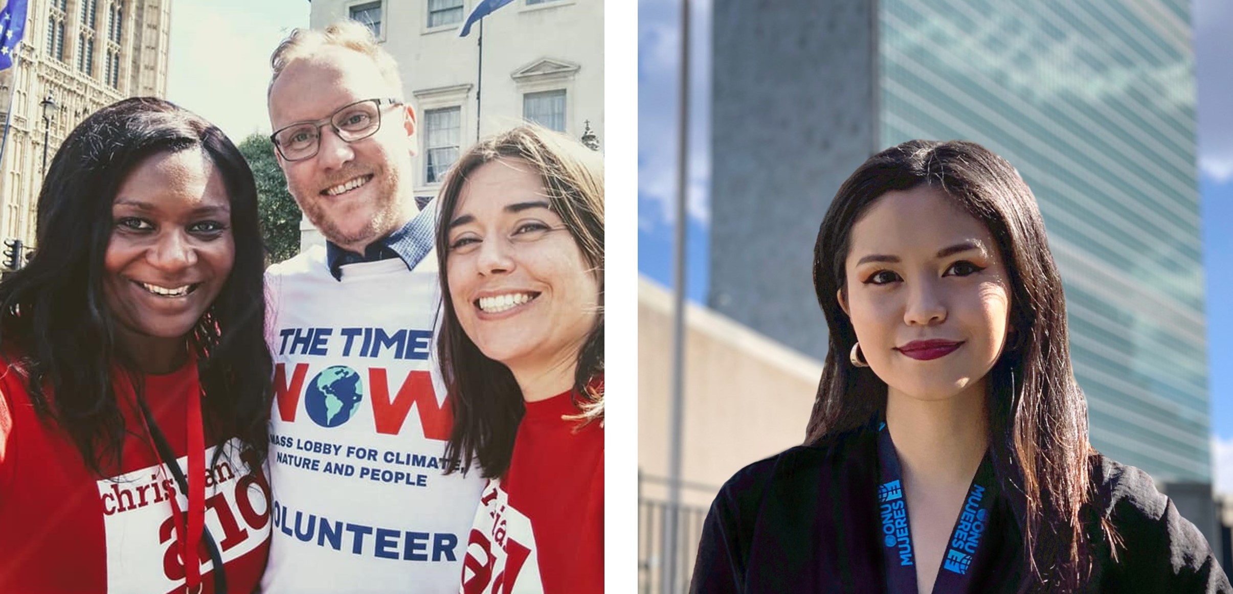 Chine McDonald at The Time is Now mass lobby of parliament on climate change (far left) and Gaia Reyes outside the UN headquarters in New York City (right).