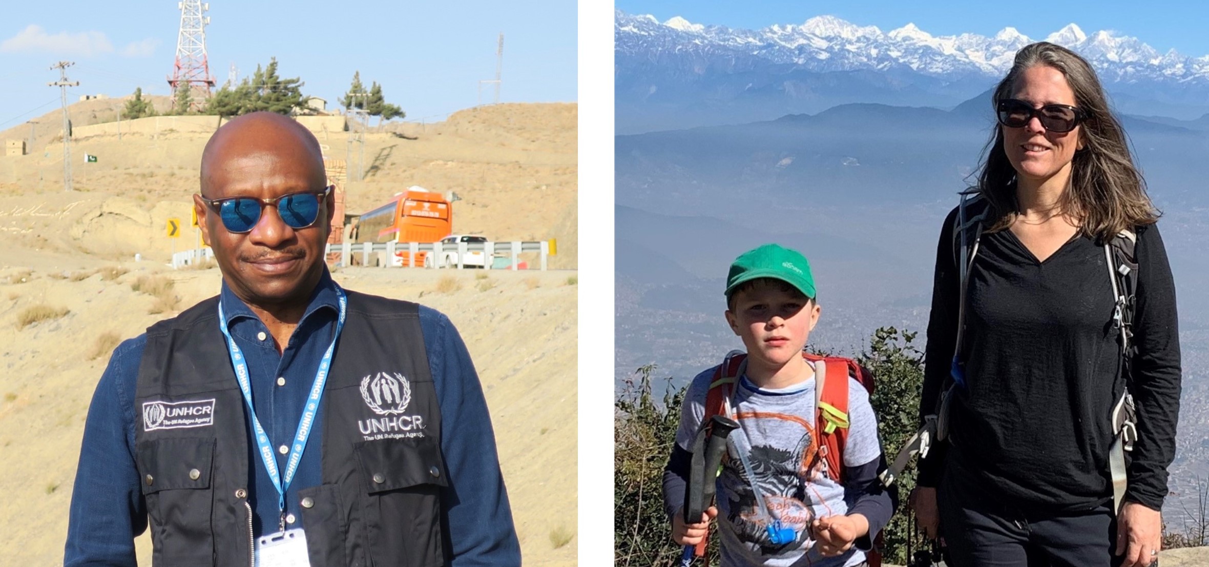Khalid Mahgoub on a day mission to the border of Pakistan and Afghanistan (left) and Harriet Torlesse trekking with family above Kathmandu Valley in Nepal (right).
