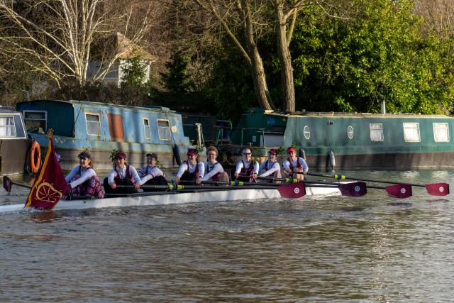 St Catharine's W1 crew rowing after they earned blades in the 2024 Lent Bumps