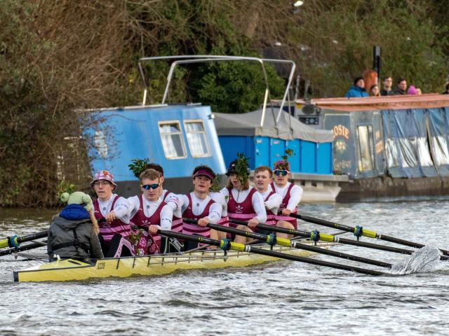 St Catharine's M1 crew rowing after achieving a bump in the Lent Bumps 2024