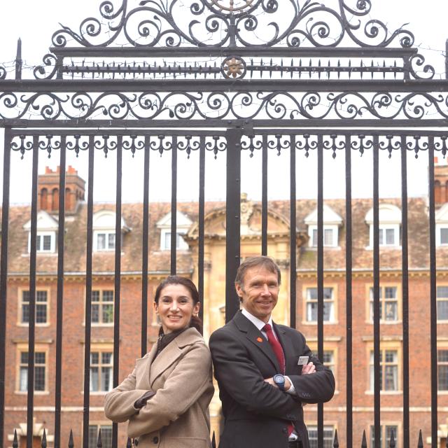 Tina Meskhi and Dave Dove outside the gates of St Catharine's College