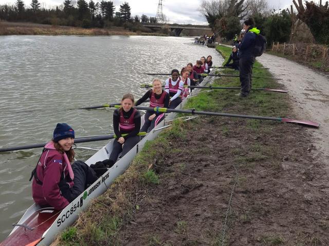 St Catharine's W2 crew at the river bank during Lent Bumps 2024