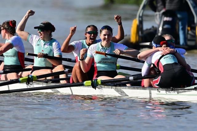 Cambridge women's blue boat celebrate 2024 win