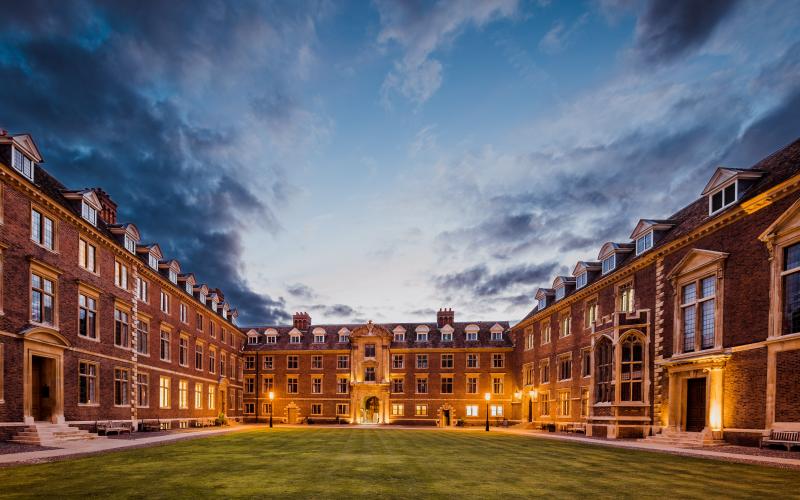 Main Court of St Catharine's College at dusk