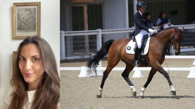 Amandine Didouan with her complementary interests of 17th-century equine portraits (left) and dressage competitions (right)
