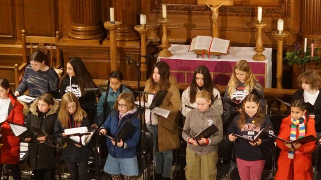 St Catharine's Girls' Choir warming up before a BBC Radio 4 live broadcast