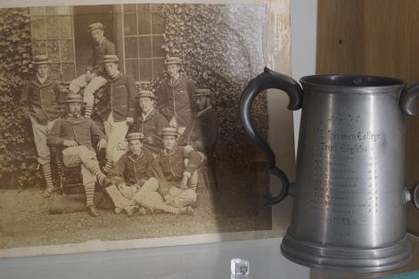 Boat club photo and tankard from the 550th anniversary exhibition at St Catharine's College