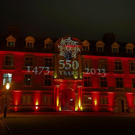 Light show in the Main Court of St Catharine's College celebrating its 550th anniversary