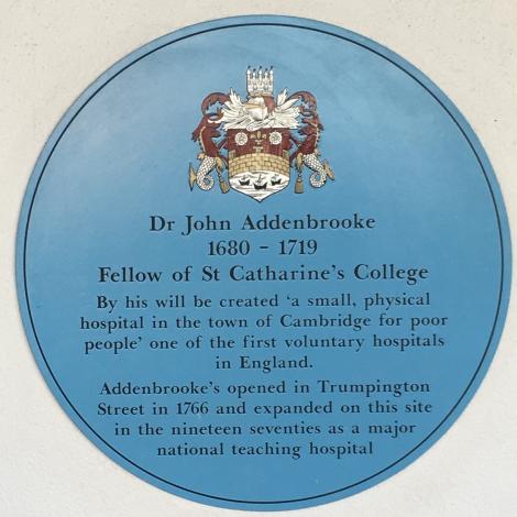 Plaque commemorating Dr John Addenbrooke at Addenbrooke's Hospital