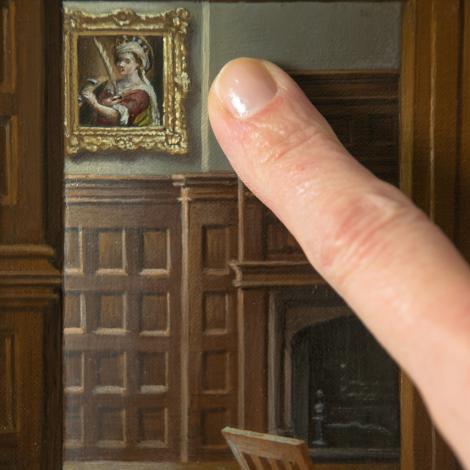 Close up with a finger for scale pointing to a detail from the Portrait of Professor Sir Mark Welland by Miriam Escofet showing Artemisia Gentileschi's Self Portrait as Saint Catherine of Alexandria