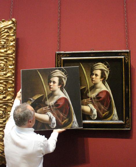 Comparing the reproduction canvas with the original Self Portrait as Saint Catherine of Alexandria by Artemisia Gentileschi