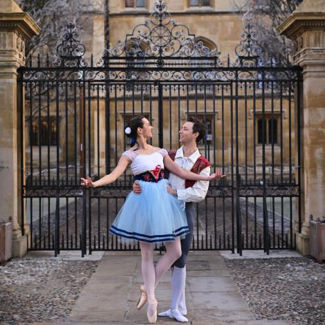 The Cambridge Ballet Club's leads for Coppélia re-enact a scene in the Main Court of St Catharine's College