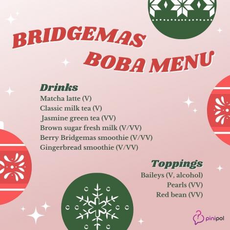 Menu for the Cambridge University Bubble Tea Society Bridgemas-themed event
