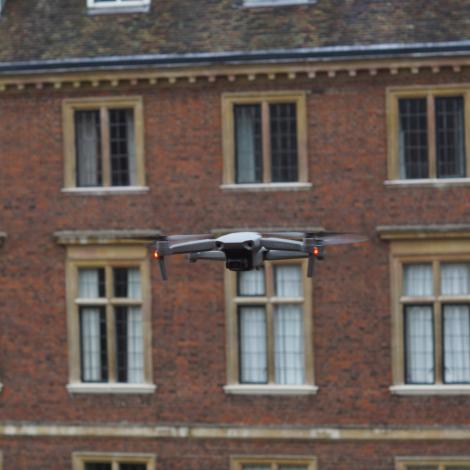 Drone hovering with St Catharine's College buildings in background