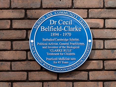 Blue plaque dedicated to Cecil Belfield Clarke