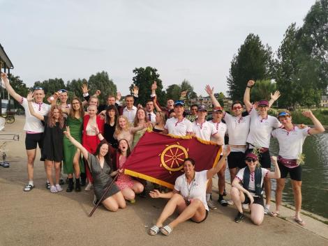 St Catharine's W1, M1 and M2 crews celebrate with Carmen Failla after May Bumps 2023