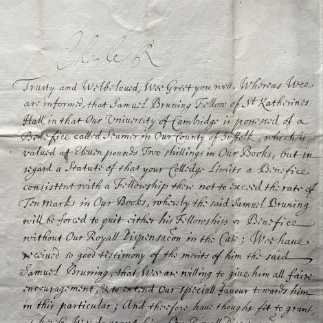 Letter signed by Charles II dated 9 Dec 1664