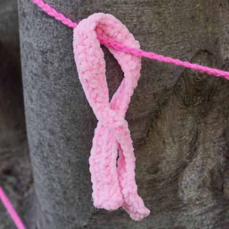 Pink ribbon hanging as part of the yarn-bombing display for Pink Week 2022