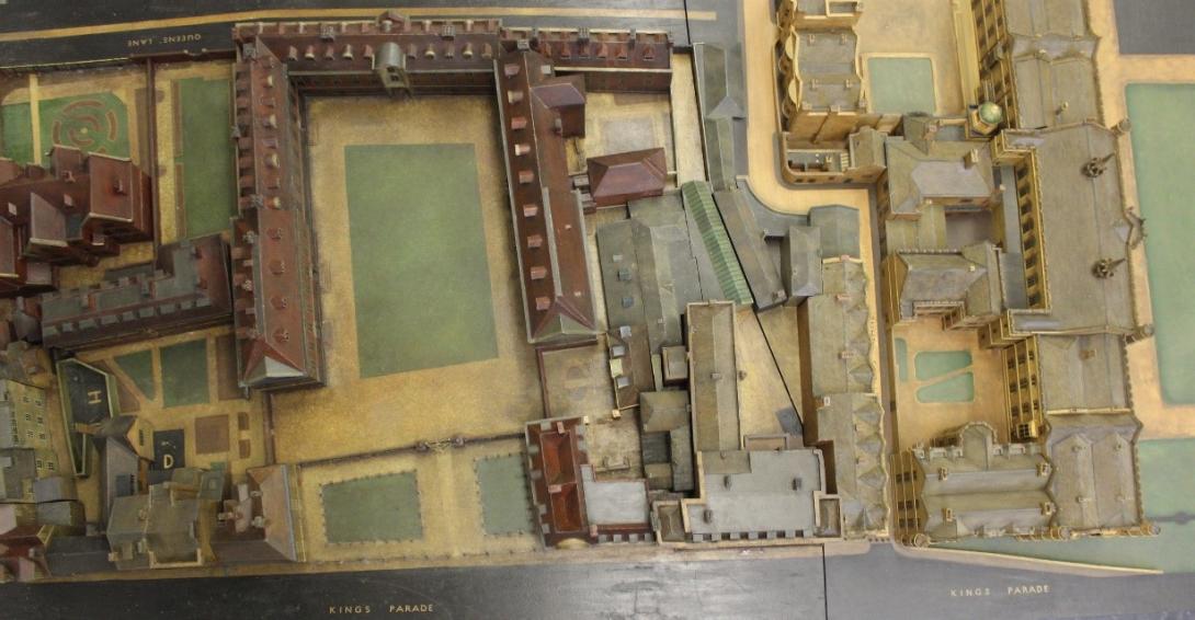 Overhead image of the College model stretching from Silver Street to King's College Dining Hall, and from Trumpington Street to Queens' Lane