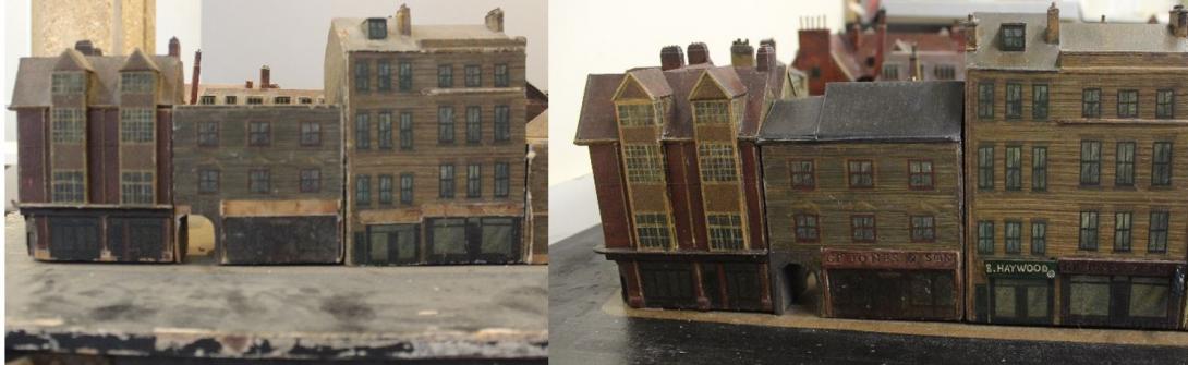 Model shop fronts shown before and after cleaning, with details and shop names visible post-conservation. 