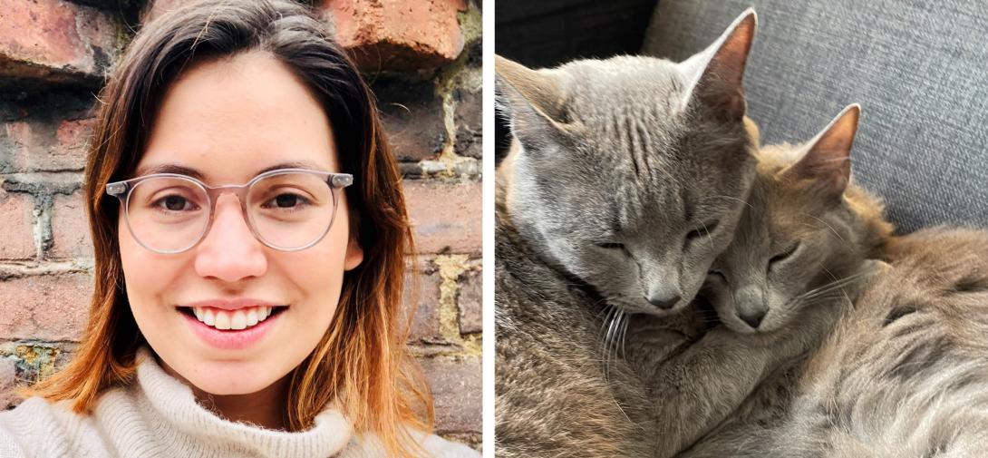 Two photos: one of Daniela Meneses Sala and another of her two grey cats