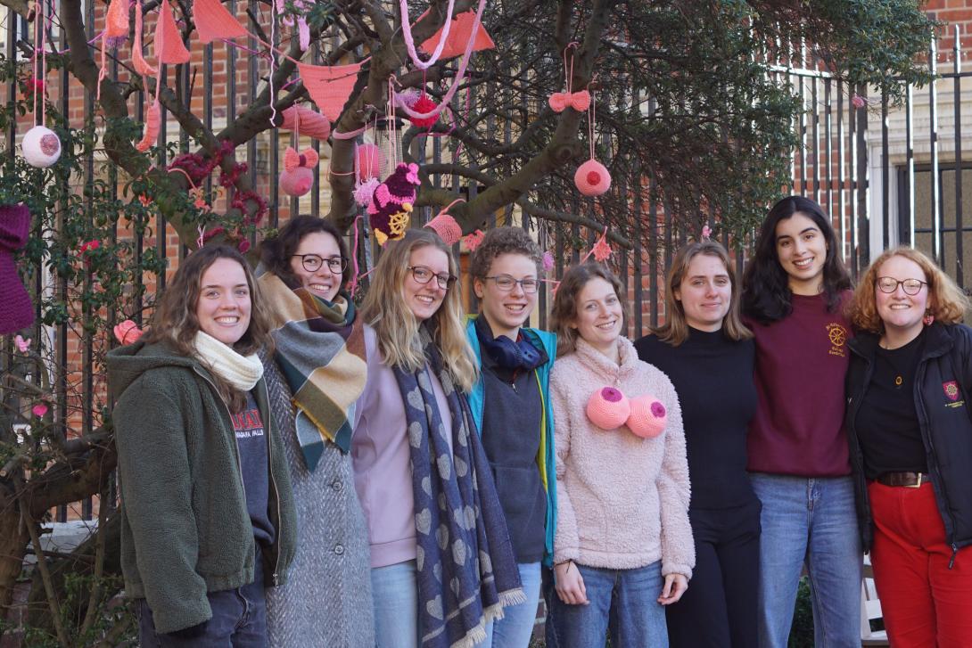 Students involved in the Pink Week 2023 yarnbombing at St Catharine's