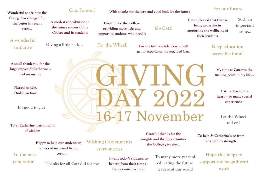 Giving Day logo with example comments submitted by donors, replicated from https://givingday.caths.cam.ac.uk/donor-wall/ 