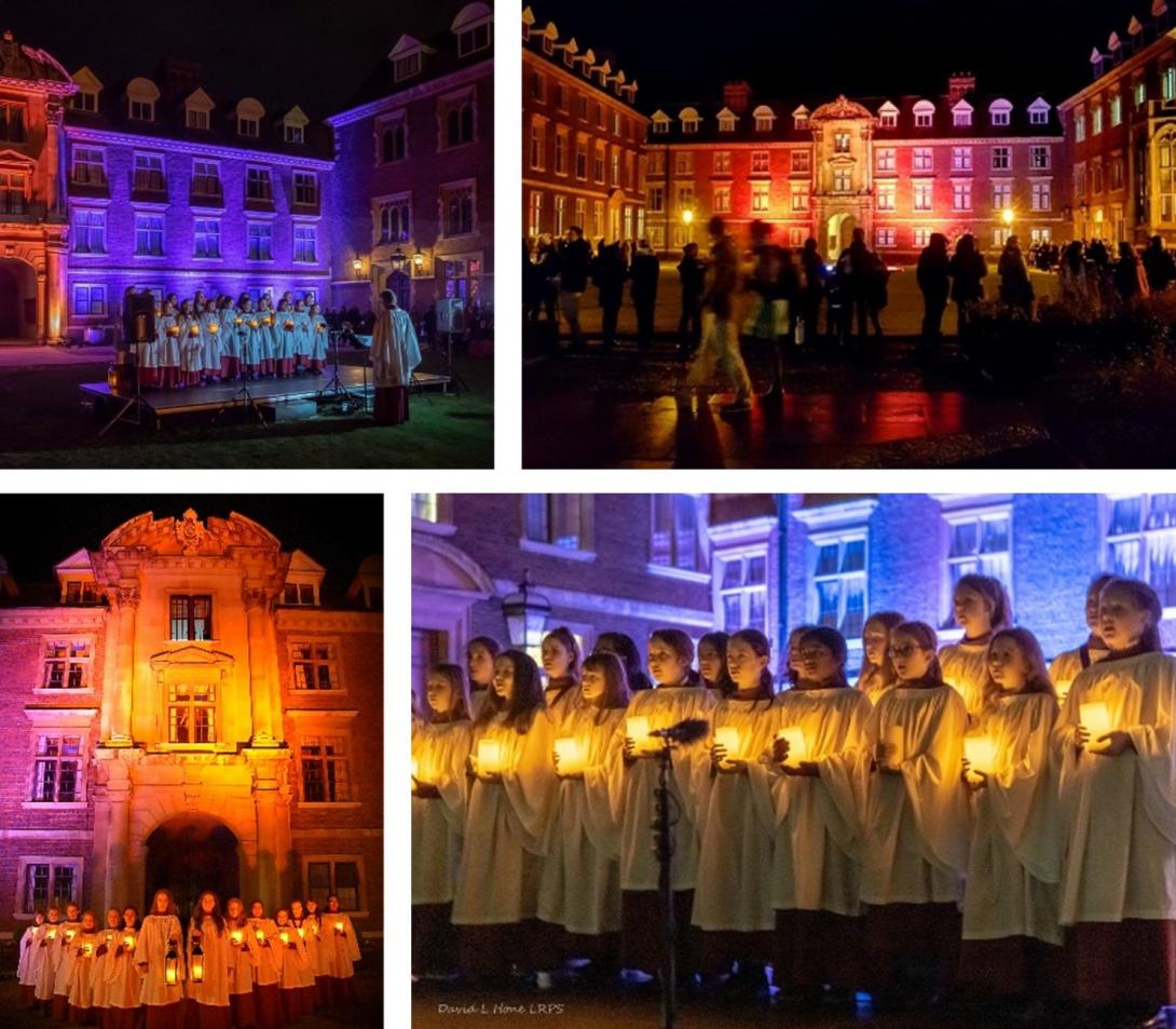 Collage of photos from Christmas Luminaria events at St Catharine's College
