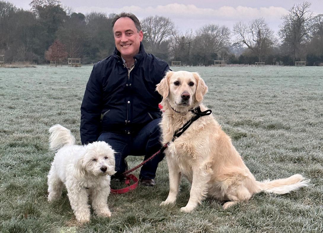 Professor Colm Durkan with dogs Winnie and Spencer in a frosty field